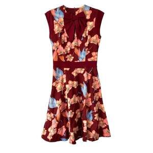 Voodoo Vixen Bow Front Floral Burgundy Dress size small Pin Up